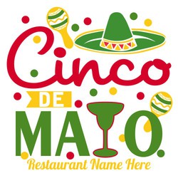 three color Cinco de Mayo tee shirt design with magarita, maracas, somebrero and confetti. Business name below design.