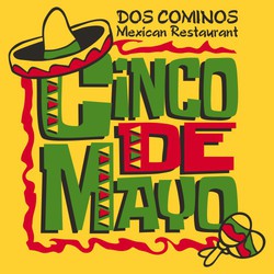 Three color Cinco De Mayo tee shirt design with sombrero, maracas and stacked lettering.  Business name placed on the top left of design