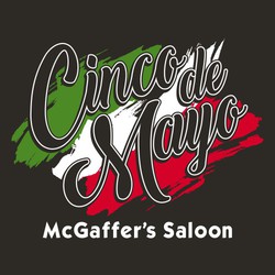 three color Cinco de Mayo tee shirt design with stylized, distressed flag behind lettering"Cinco de Mayo" with business name under art.