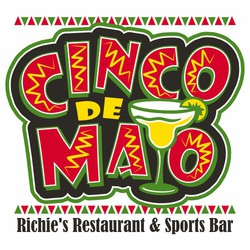 4 color Cinco de Mayo tee shirt design with stylized letter around margarita.  Margarita glass it "Y" in Mayo. Tiangle borders above and below design with business name below art.