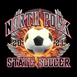 five color state soccer tee shirt design with metallic wings and flames behind soccer ball.  Outline lettering to reveal flames in center of letters.