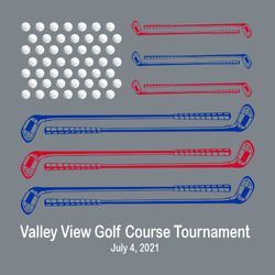 three color fourth of July tee shirt design with flag composed of golf clubs and golf balls.