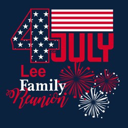 two color Fourth of July family reunion tee shirt design with flag incorportated into lettering and fireworks.