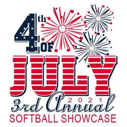 two color Fourth of July softball showcase design with fireworks and flag stars and bars incorporated into the lettering.