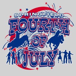 three color Fourth of July tee shirt design with rodeo images, fireworks and dancing.