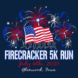 three color Fourth of July 5K run tee shirt design with USA flag, fireworks and runners.