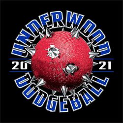 four color dodgeball tee shirt design with dodgeball that has spikes.  Circular text above and below artwork.