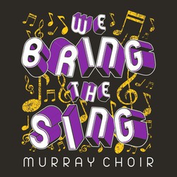 three color choir tee shirt design that says "We Bring the Swing".  Music notes in the background.