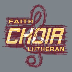 three color choir tee shirt design with loosely drawn treble clef and back ground lines.  Choir in large italic lettering with background inside the letters in a contrasting color.