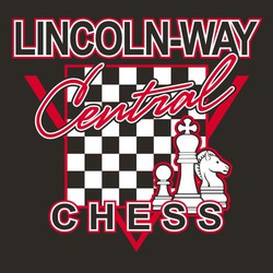 two color chess tee shirt design with white king, knight and pawn over corner of chess board. Triangular layout with school name in block and script lettering above art.