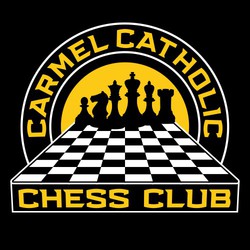 Two color chess tee shirt design with 3D board.  Silhoutte of black chess pieces in front of circle.  Circular lettering with school name above art.