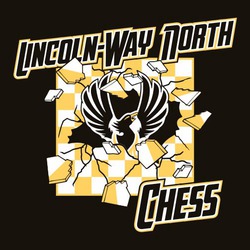 two color chess club tee shirt design with mascot breaking through chess board.  Diagonal slanted lettering above and below the art with team name and chess.