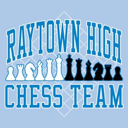 three color chess team tee shirt design with chess board outline at 45 degrees in the background.  White and black chess pieces in front of board. Block lettering above and below art.