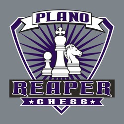 three color chess team tee shirt design.  Shield with white king ,knight and pawn over a spiked burst. Lettering above and below in banners