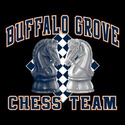 Four color chess tee shirt design with opposing knights facing each other over chess board on 45 degree angle.