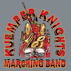 four color marching band tee shirt design with band major and music instruments loosely drawn. Lettering circles around and under the artwork.