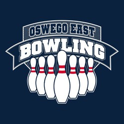 three color bowling design with bowling pins, banner and shield with lane lines in perspective.