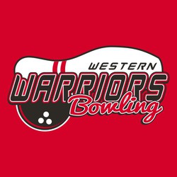 two color bowling tee shirt design with bowling pin on its side. Lettering over pin and bowling ball under neck of pin under lettering