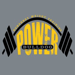 two color weightlifting tee shirt design with bent weight bar over word "POWER".  Circle text above bar and knockout text in oval over lettering.