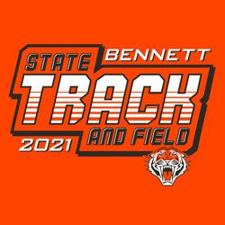 two color state track tee shirt design.  Word "TRACK" with horizontal lines through it. Mascot on the lower left of design.