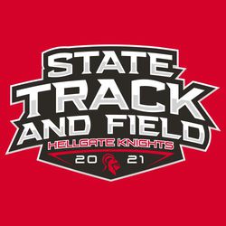 three color state track and field tee shirt design with modern style lettering creating shield layout.  Mascot at the bottom of the design.