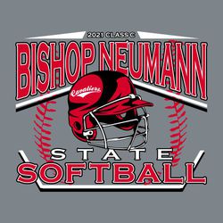 Three color state softball tee shirt design with batting helmet and text framed by home plate. Softball seams in the background.