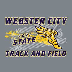 three color state track tee shirt design with winged foot and movement swoosh over track lane outlines.