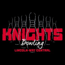 three color bowling tee shirt design wiht distressed outline of bowling pins over thick, distressed team name.  Script word "Bowling" over lower 3rd of pins. School name at the bottom.