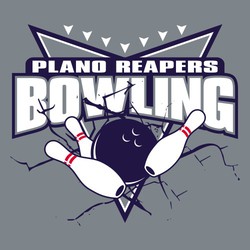 three color bowling tee shirt design with ball knocking down 3 pins over target arrow background. smaller target arrows at the top of the design.  Simulated Cracks on background and lettering.