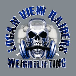 thee color weightlifting tee shirt design with kettelbell as a skull, biting on weightbar.  distressed text around and below art.