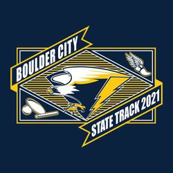 two color state track tee shirt design with ribbons that have team name and state track. mascot on diamond, lined background.  winged foot, discus, shot and baton icons.