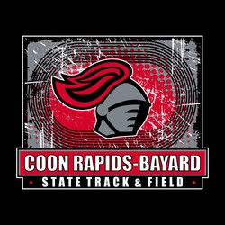 three color state track and field with large mascot on heavily distessed background with track lane lines.  Team name and state track & field below design in rectangular frames.