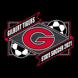 three color state soccer tee shirt design with mascot over lined triangle. team name and state soccer in ribbon banners. cropped soccer balls in the corners.