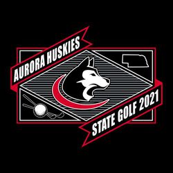 three color state golf design with large mascot over triangle with horizontal lines.  ribbon banners at the corners with team name and state gold.  State and gold icons in opposite corners.