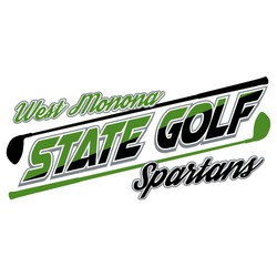three color state golf tee shirt design with golf club silhouettes framing "STATE GOLF". Team name above clubs and mascot name below clubs both in script lettering.