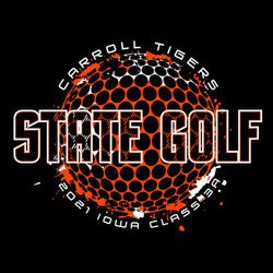 two color state golf tee shirt design with large distressed multicolor golf ball.  "STATE GOLF" through the middle of ball.  Circle text above and below art.