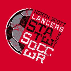 two color distressed state soccer tee shirt design. half of a soccer ball on the left with letters turned at 90 degree angles on the right.  the design is tilted to the right.