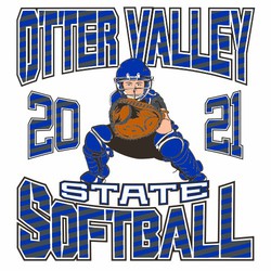 five color state softball tee shirt design with catcher centered in the design.  Arched lined text above and below the art.