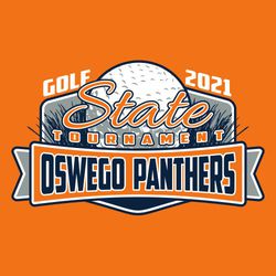 three color state golf design with large golf ball and grass behind it.  Team name in banner below ball.