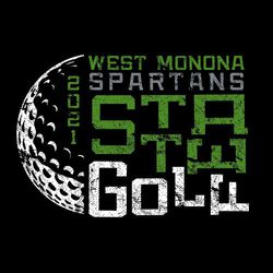 Two color state golf tee shirt design with half a gold ball on the left side of the design.  Block letters upright and rotated spelling STATE GOLF. Team and mascot name at top in block letters.