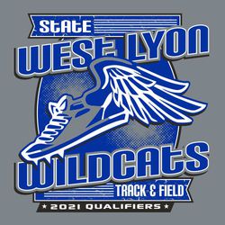 three color state track tee shirt design with large winged foot centered over shaded background oval.  Team name and mascot name above and below foot on an upward angle. ribbon banners top and bottom.