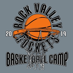 Three color basketball camp tee shirt design with ball going into net.  Circle text around ball with net showing inside letters.  Basketball Camp lettering in lower part of net.