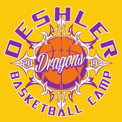 three color basketball camp tee shirt design with tribal frame around basketball.  Circle text around top and bottom of artwork.  Script mascot name over ball.