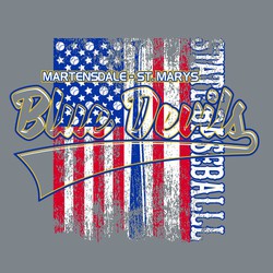 4 color state baseball design with distressed USA flag that has baseballs for stars and a bat for a stripe.  Script lettering with tail the shows flag in the middle.   State baseball down left side.