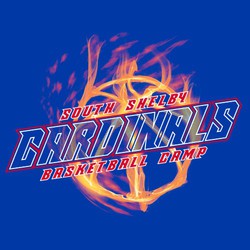 three color basketball camp design with basketball made of flames and smoke.  Diagonal lettering with diagonal lines through lettering.