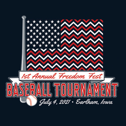 four color 4th of July baseball tee shirt design with chevron pattern flag in background.  Text in banner below art. baseball bat as a flagpole.