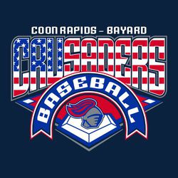 four color patriotic baseball tee shirt design with flag inside team name.  Bases with mascot below team name.  Banner over infield with word baseball.