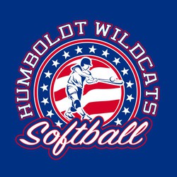 two color patriotic softball design with stars and stipes in circular design.  batter in the forground.  circle text team name around art.  Softball in script below design.