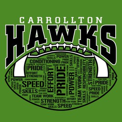 two color football tee shirt design with word art inside football in stencil lettering. Block lettering school and team name above ball.