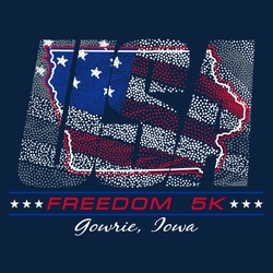 five color patriotic tee shirt design with flag made of stipple dots inside lettering "USA". Outline of state inside lettering.  Event below with stars framed with lines.